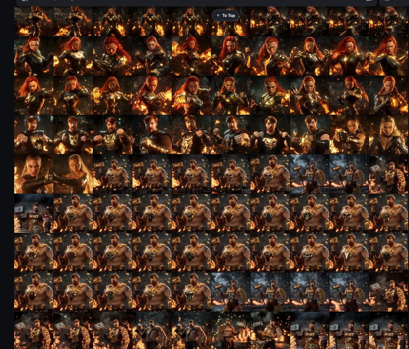 Midjourney contact sheet filled with fiery Celebrity Mortal Kombat fighter variations, including red-haired and bearded characters.