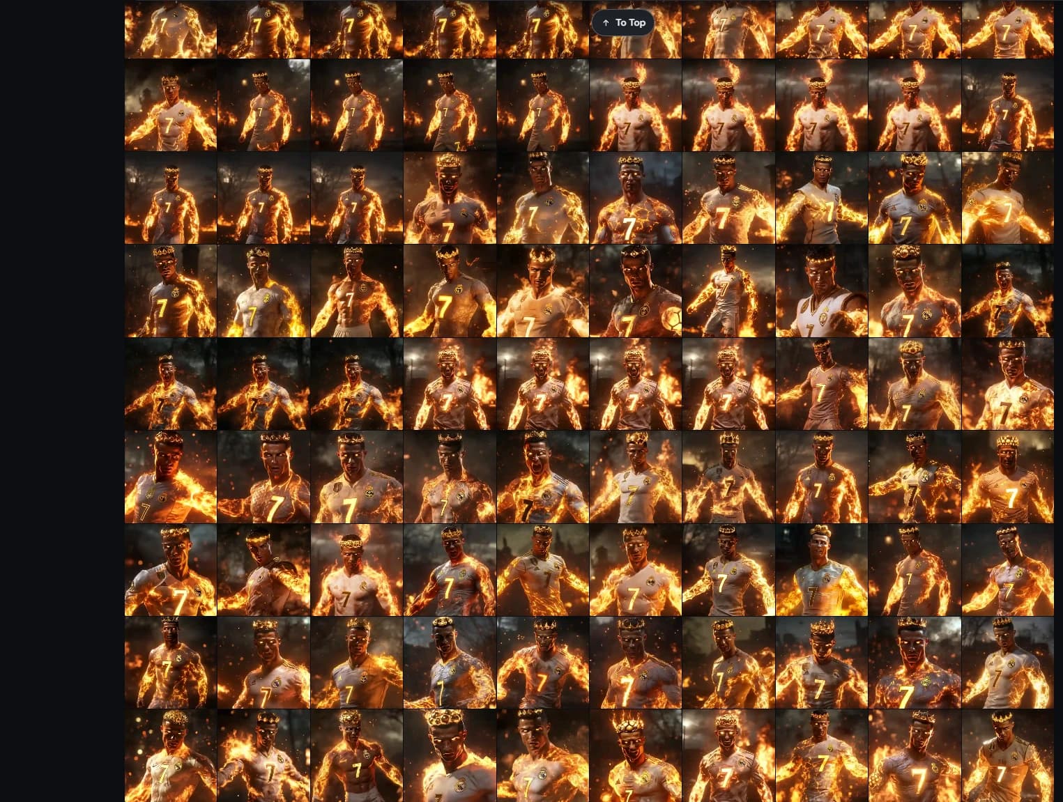 Midjourney contact sheet exploring Cristiano Ronaldo as a fire-powered fighter in his number seven kit.