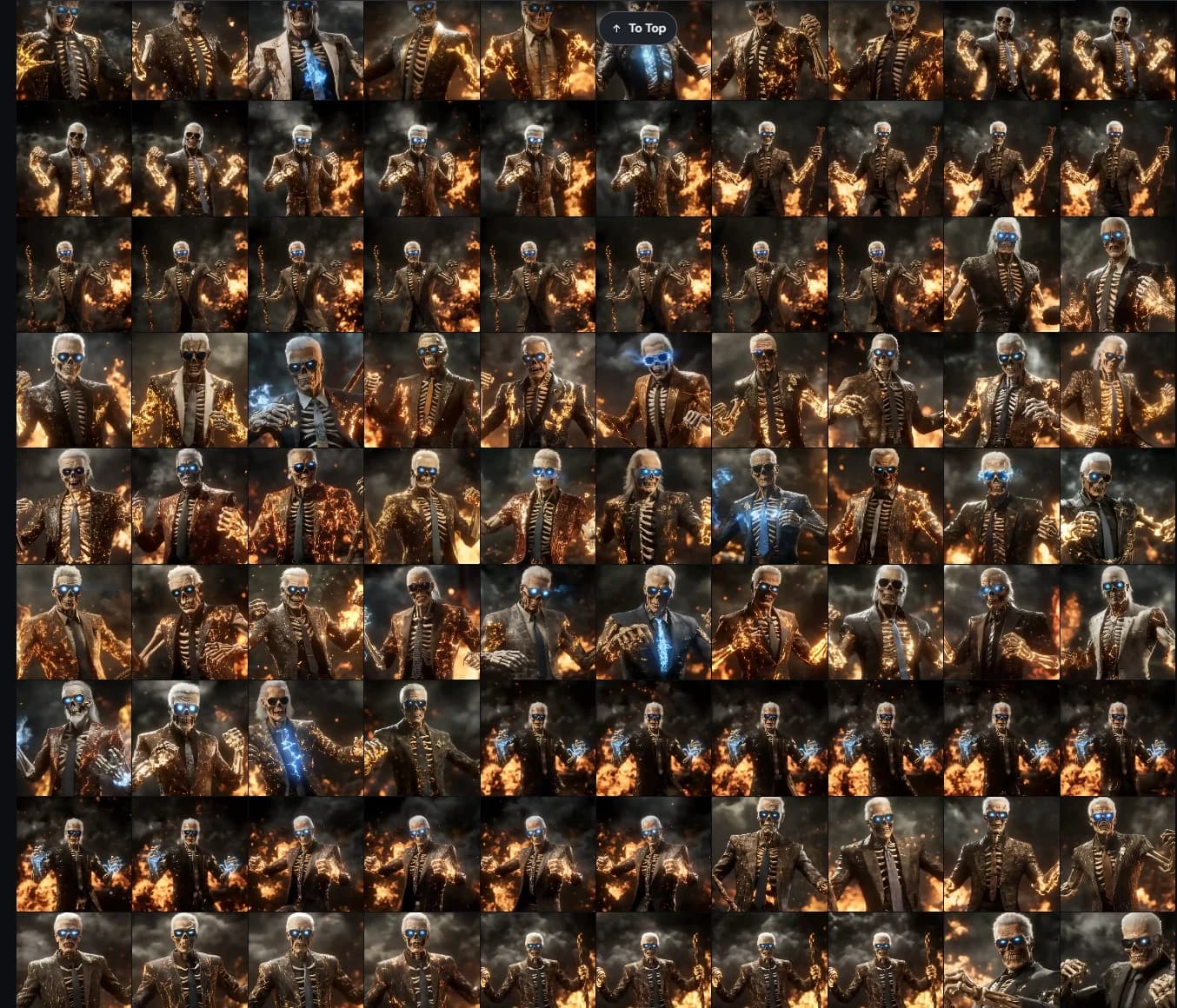 Midjourney contact sheet exploring dozens of skeletal fighter designs in black suits, surrounded by fire and blue energy.