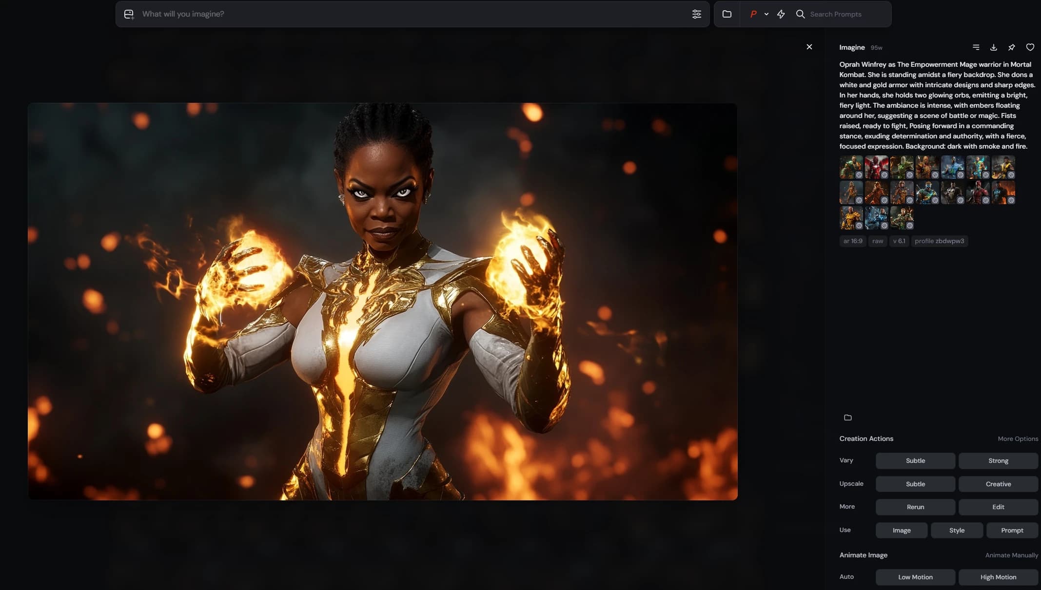 Midjourney prompt and generated image showing Oprah Winfrey reimagined as a fire-wielding empowerment mage.