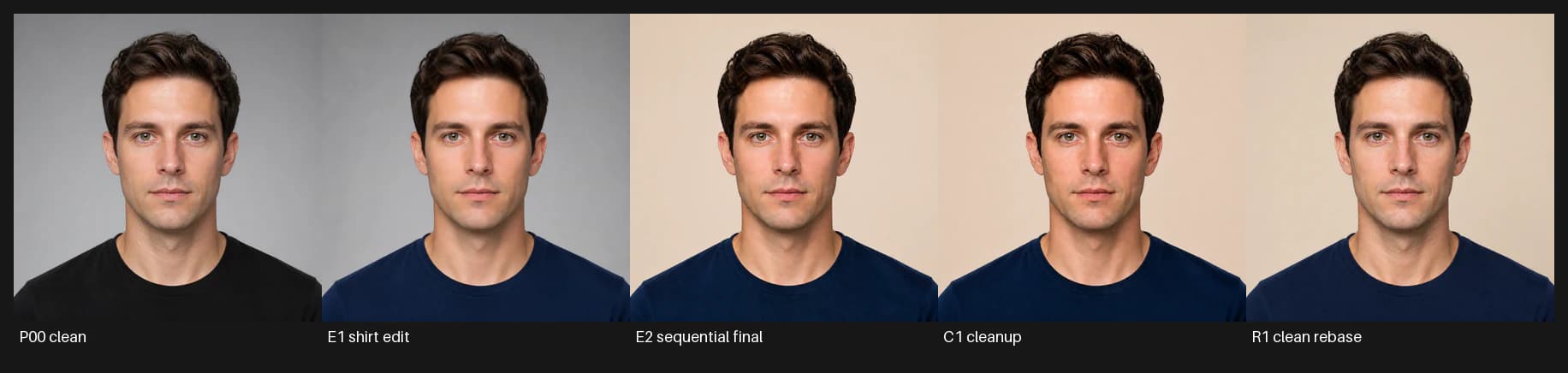 Five portrait stages showing the clean original, separate shirt and background edits, cleanup of the sequential result, and a one-pass rebase from the clean original.