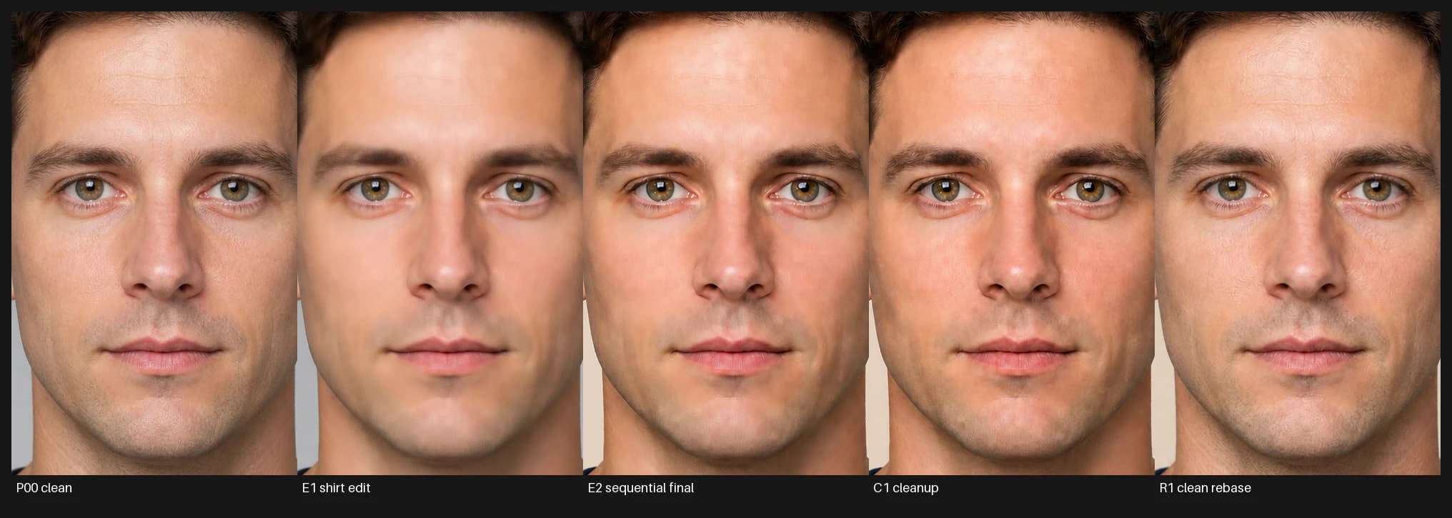 Native-resolution face crops from the same five portrait stages, revealing accumulated skin texture and the cleaner but still imperfect rebased result.