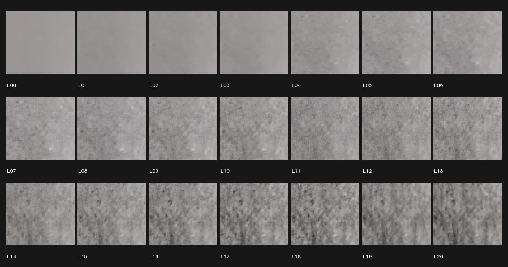 The same fixed smooth background crop from each of twenty-one Lincoln portrait depths, changing from a plain gray gradient into dense loops and vertical mottling.
