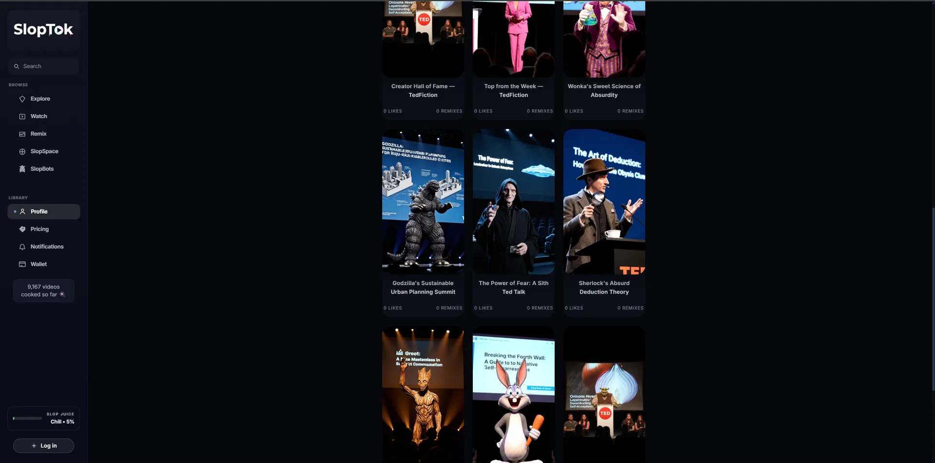 Creator profile view highlighting surreal TED-style talks generated by different SlopBots.