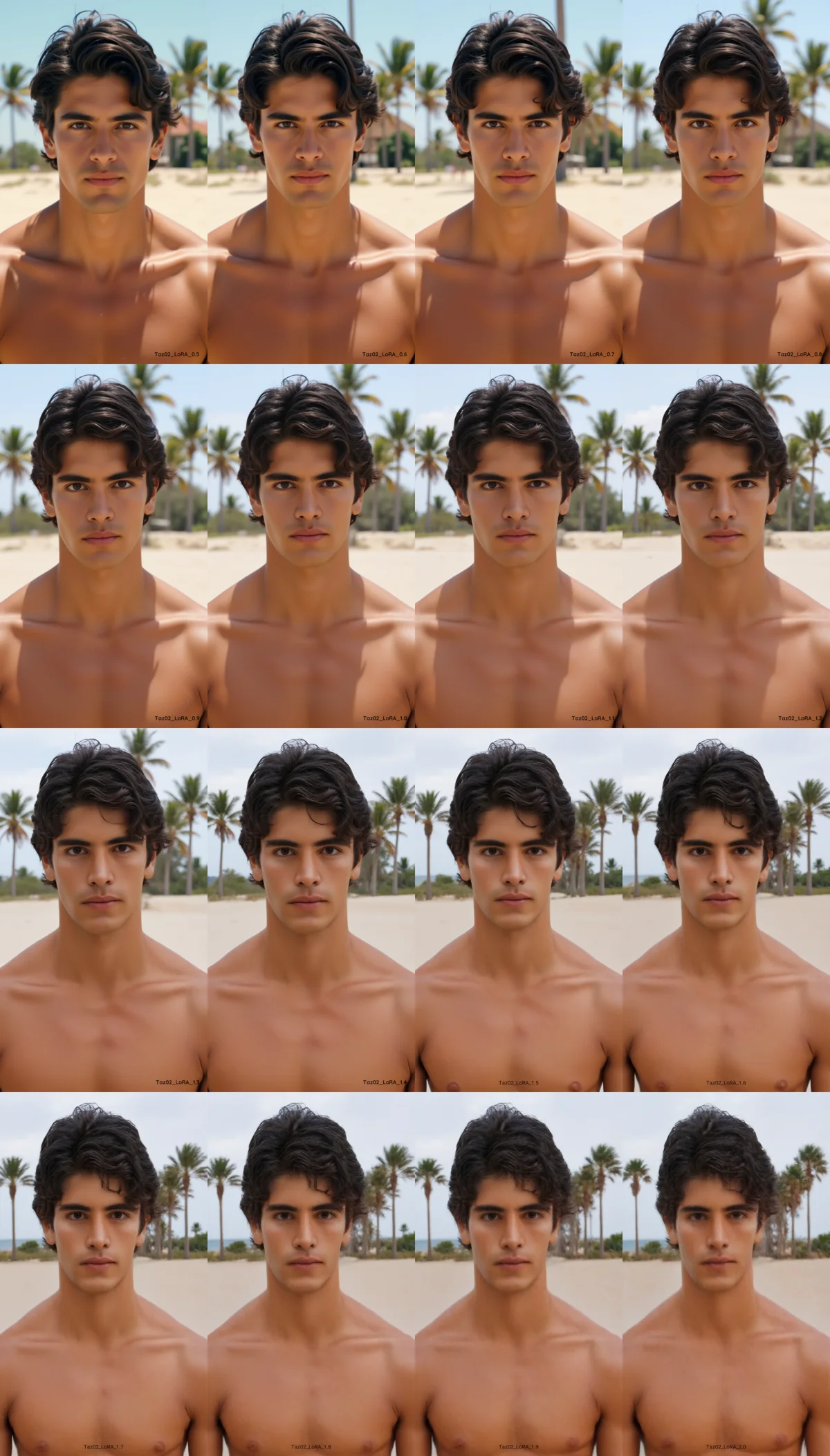 A grid of close-ups of a male contestant generated with a short-hair variant of his LoRA.