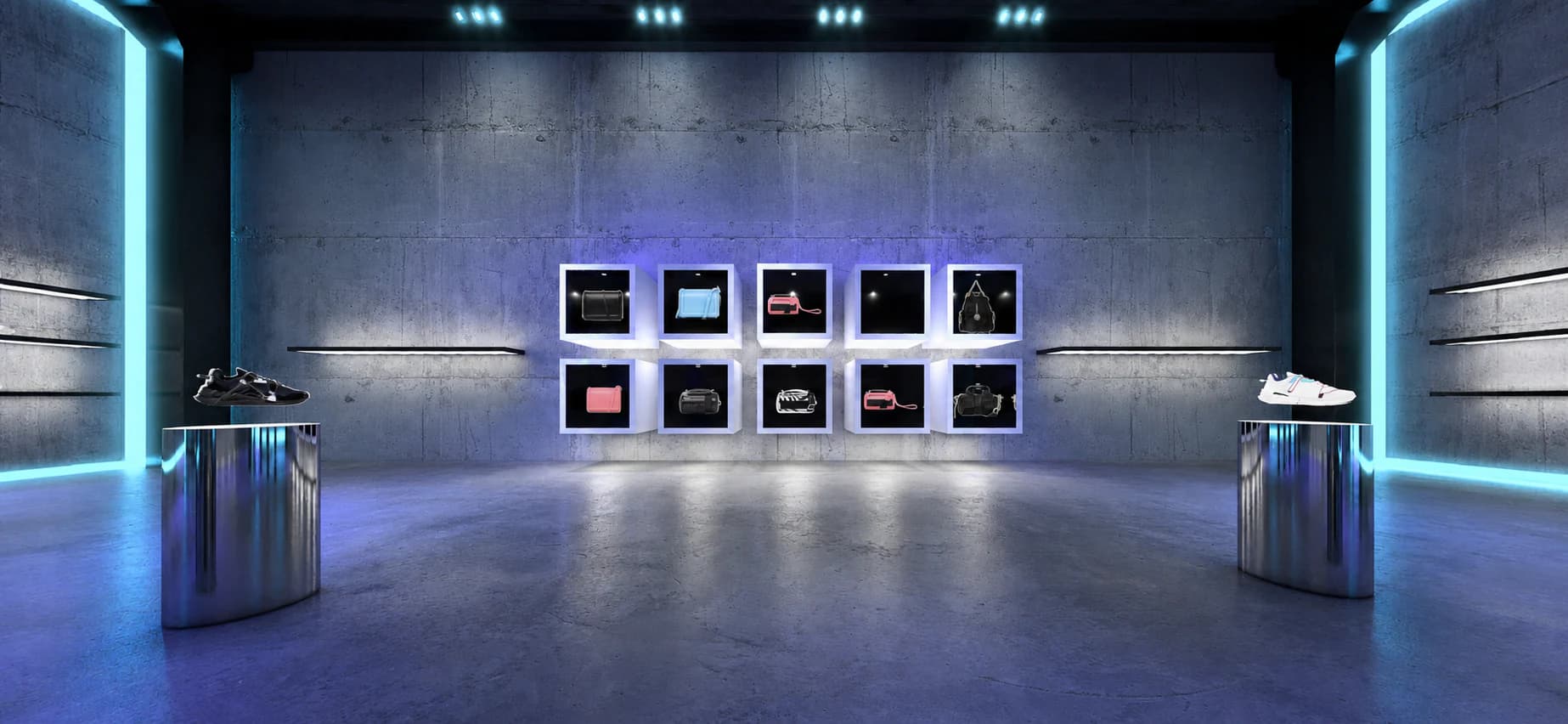 Diesel accessories presented in illuminated wall boxes between two shoe plinths.