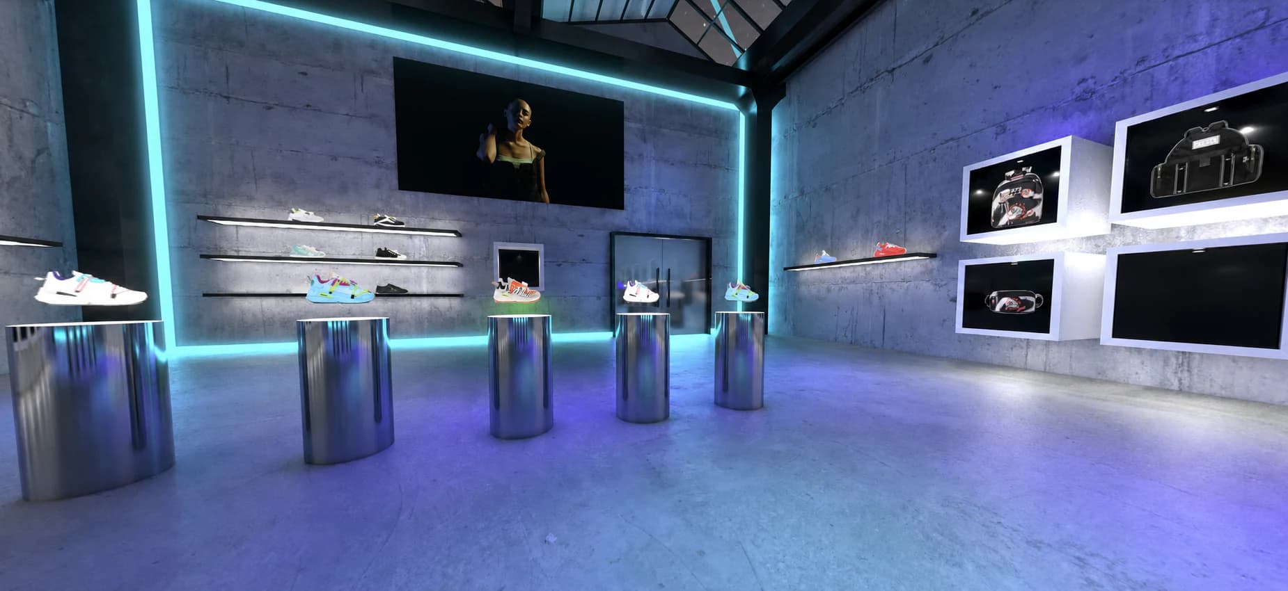 Angled view across the Diesel virtual store showing sneakers, bags, screens, and neon lighting.