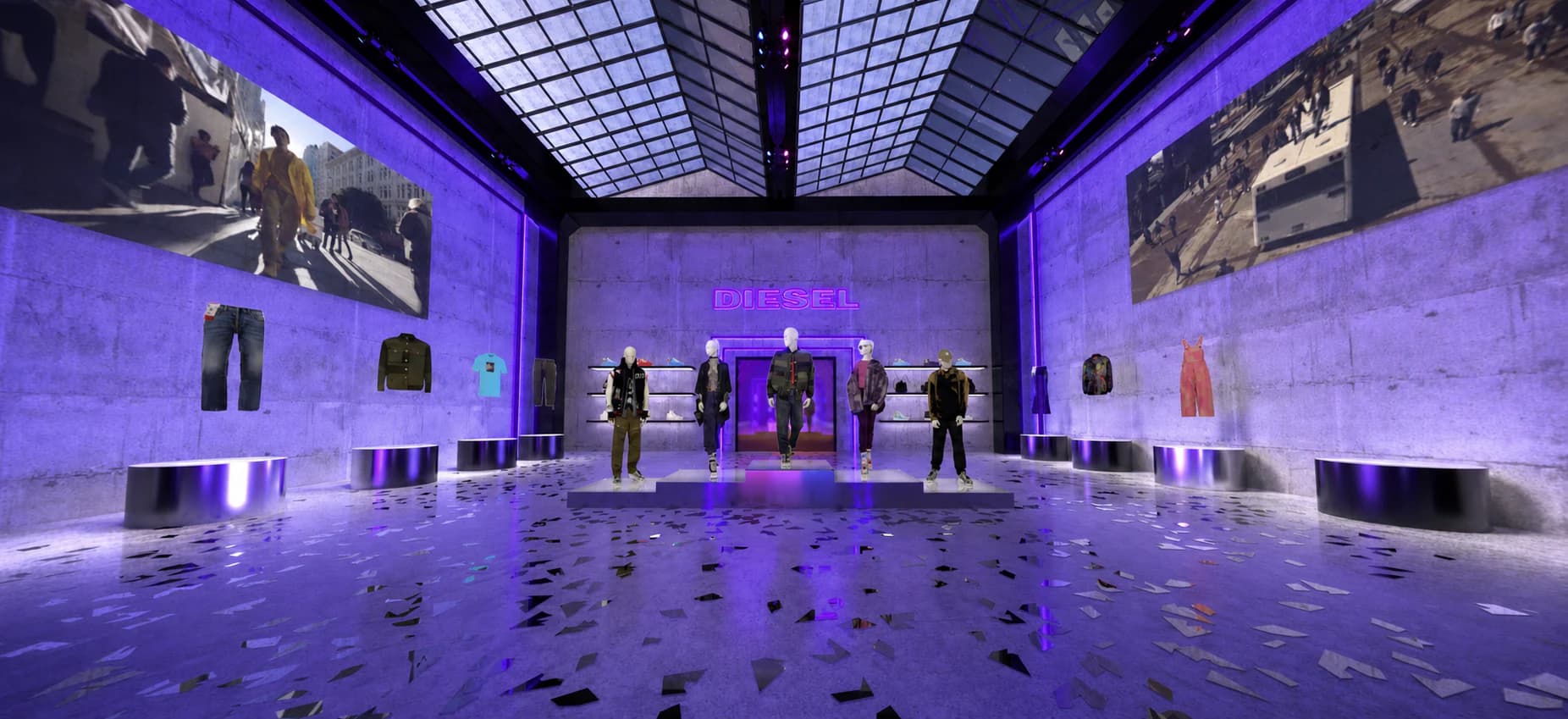 Purple-lit Diesel runway environment with mannequins, projected video, and mirrored floor details.