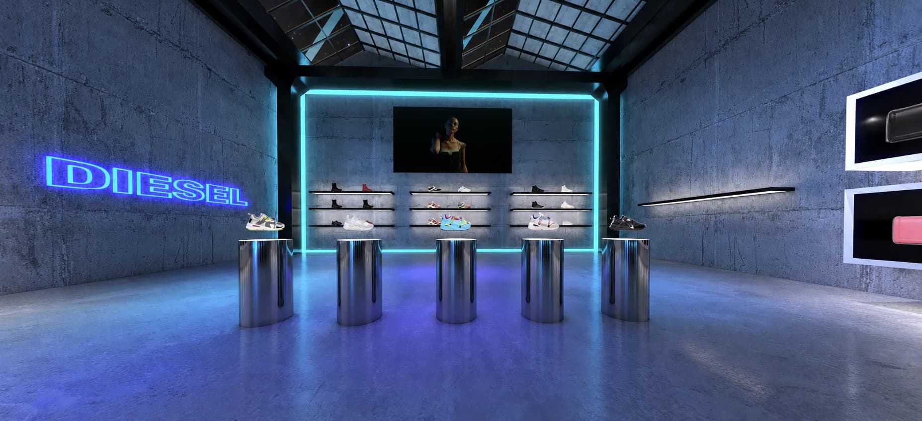 Diesel virtual store with blue neon framing, metallic shoe plinths, and concrete walls.