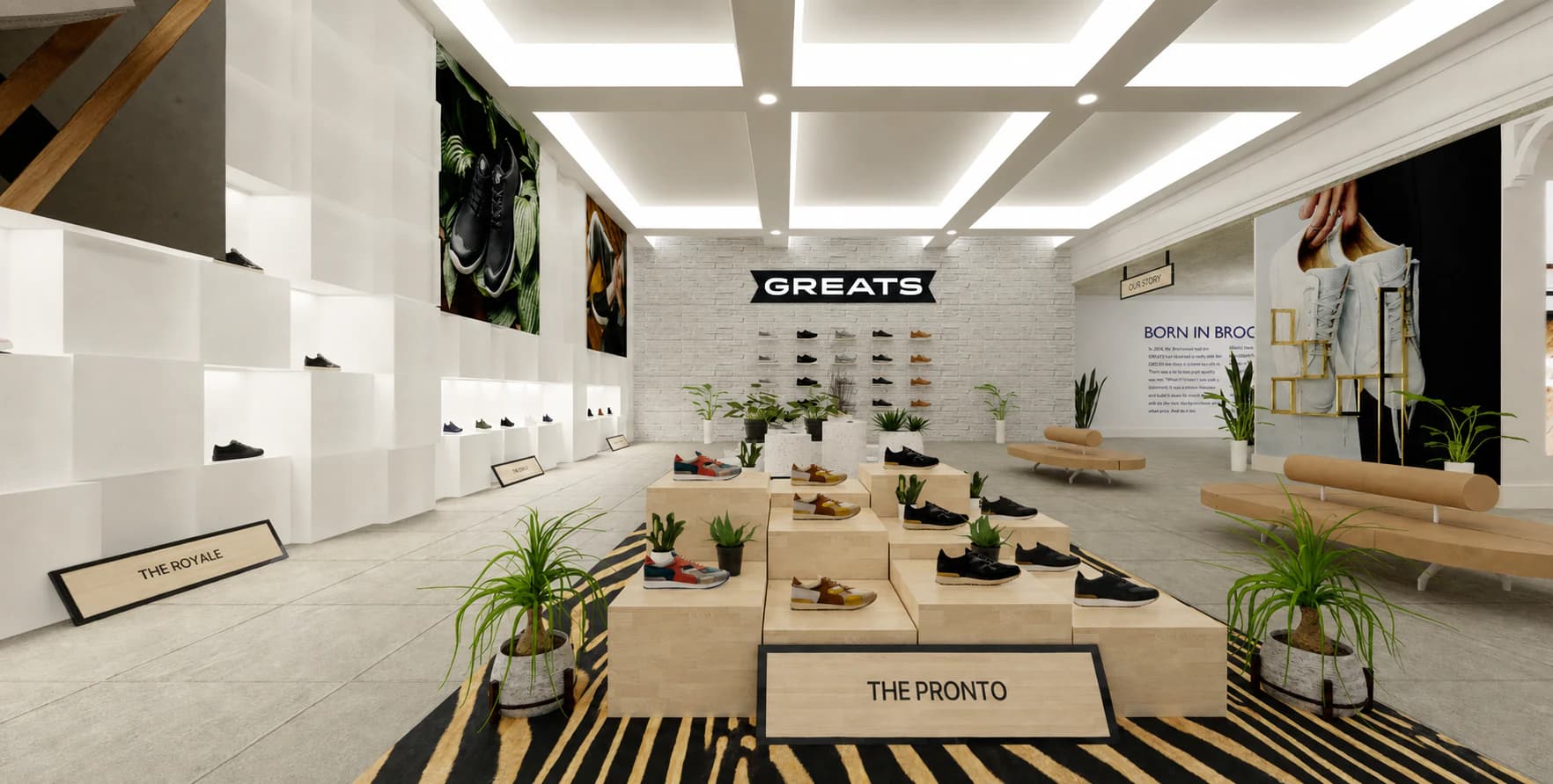 Overview of a bright Greats virtual shoe store with tiered product displays and campaign imagery.