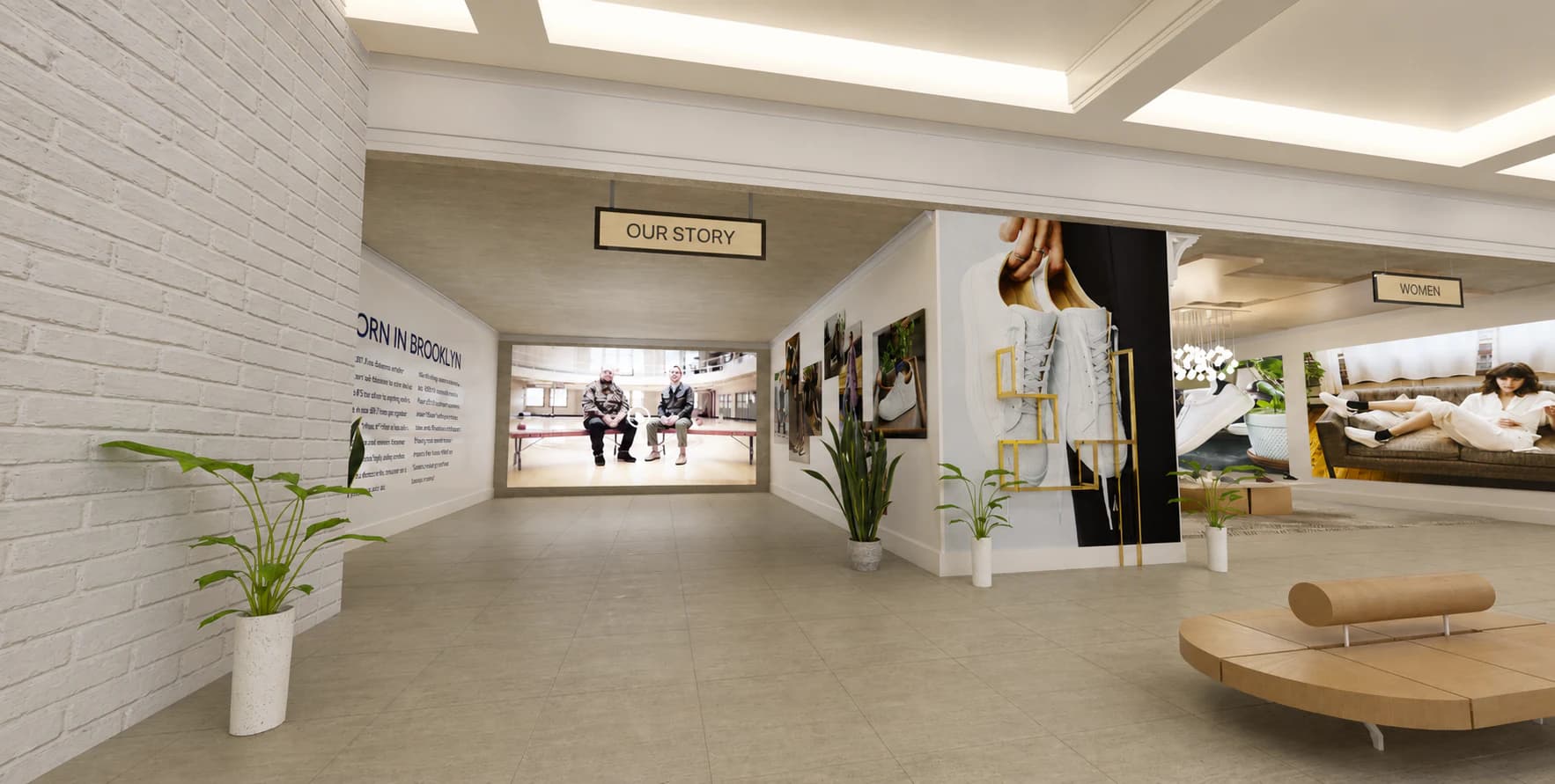 Our Story area inside the Greats virtual store with brand history, video, and campaign displays.