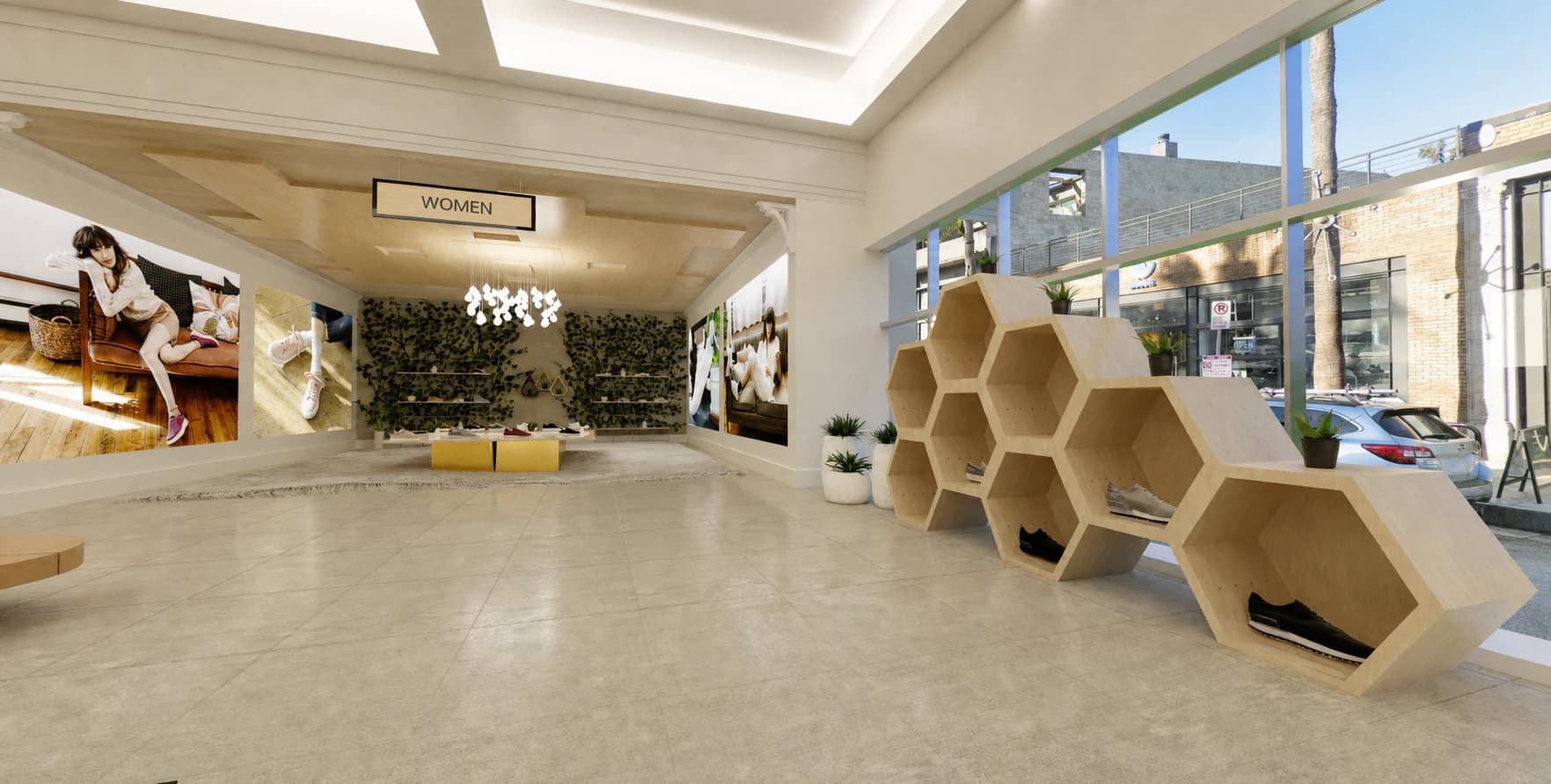 Women’s area of the Greats virtual store with honeycomb shoe shelving and street-facing windows.