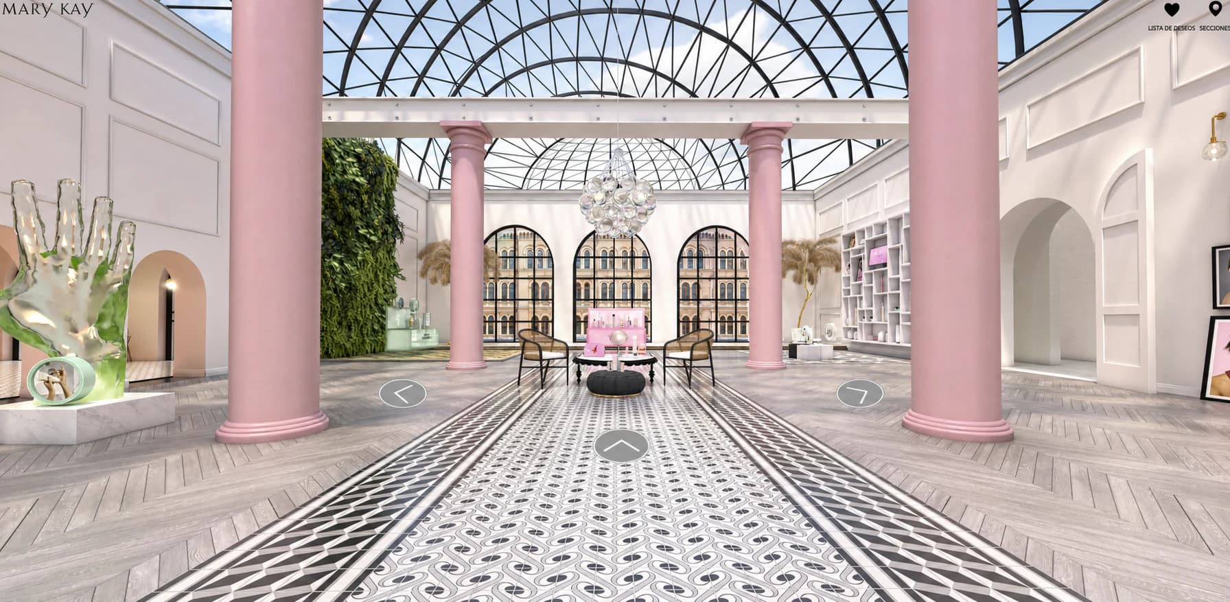 Mary Kay virtual atrium with pink columns, a glass roof, patterned tile, and product areas.