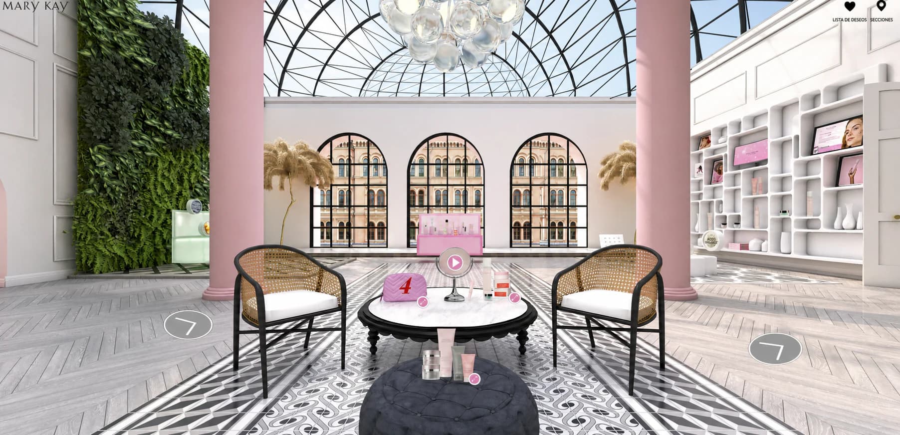 Mary Kay consultation area with woven chairs, a product table, and interactive touchpoints.