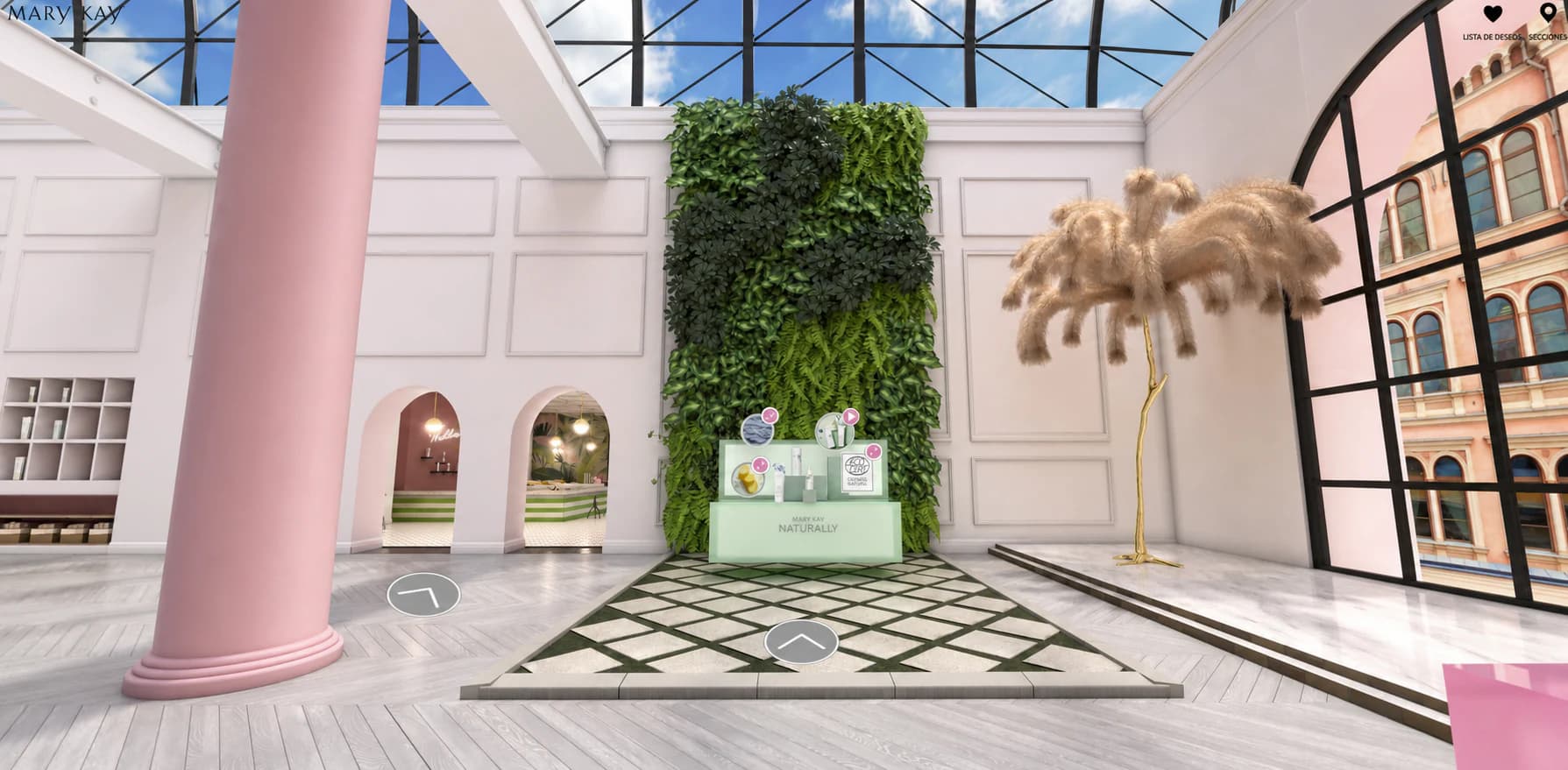 Mary Kay Naturally display set against a tall living wall inside the virtual atrium.
