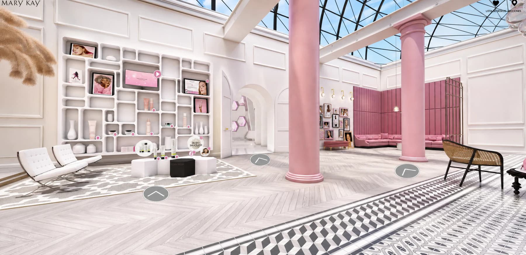 Interactive Mary Kay product wall beside pink columns and a lounge area.