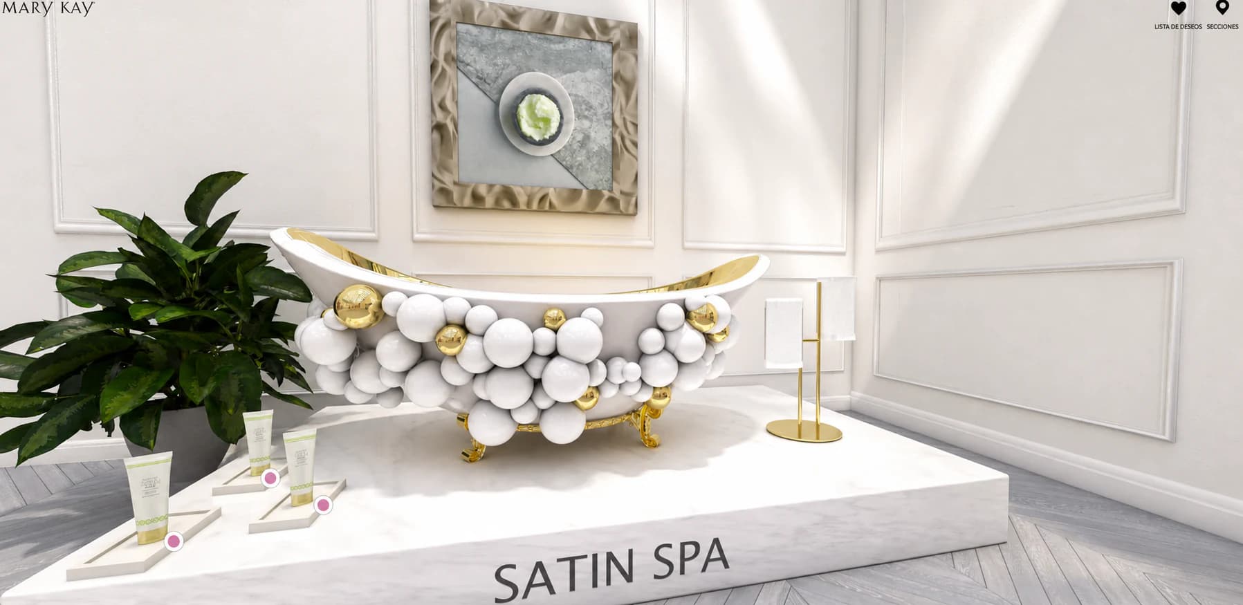 Satin Spa product display built around a sculptural bubble-covered bathtub.