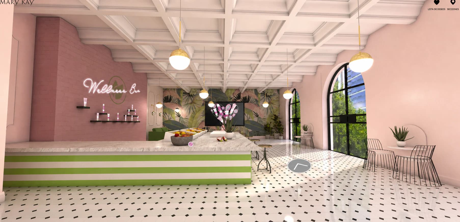 Mary Kay wellness bar with botanical wallpaper, product shelving, and café seating.