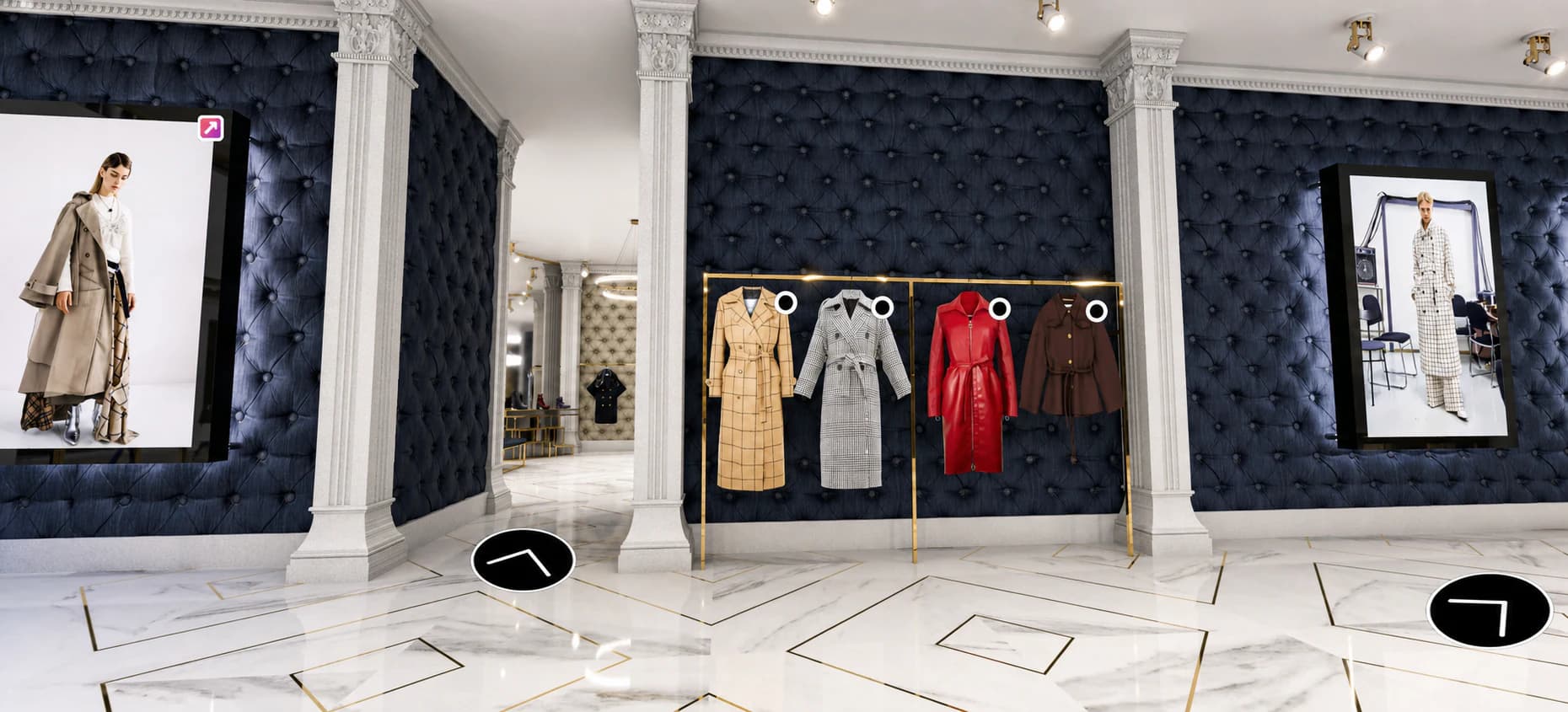 Interactive coat gallery with gold rails, marble floors, and fashion campaign screens.