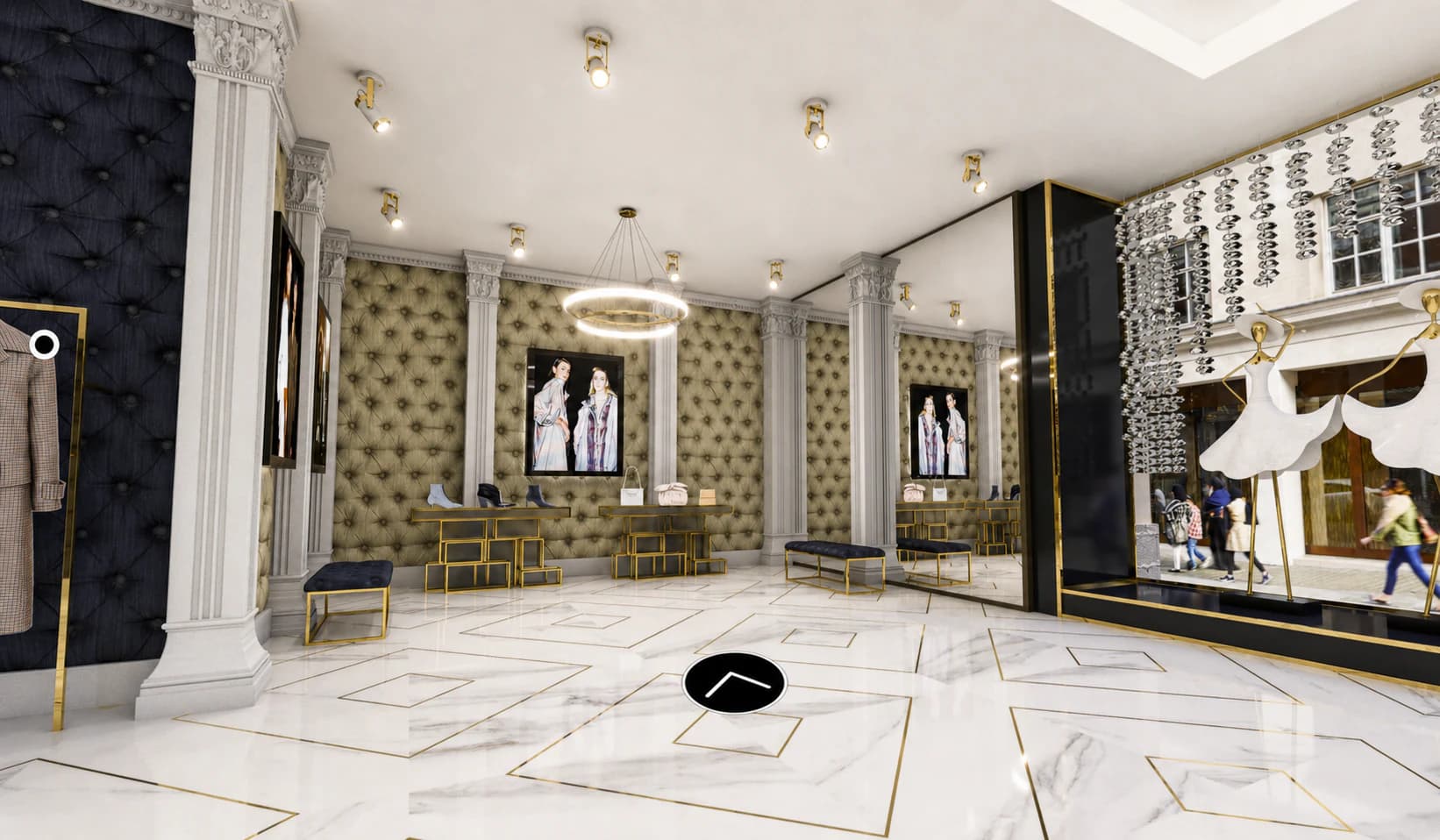 Luxury boutique interior with tufted walls, classical columns, mirrors, and gold fixtures.