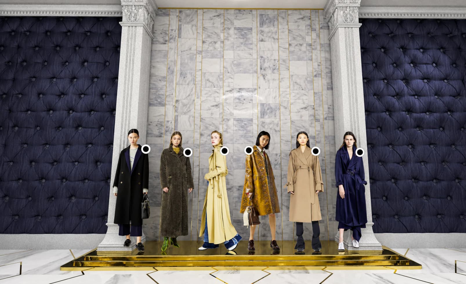 Six models presented across a marble and gold stage in a luxury virtual outerwear boutique.