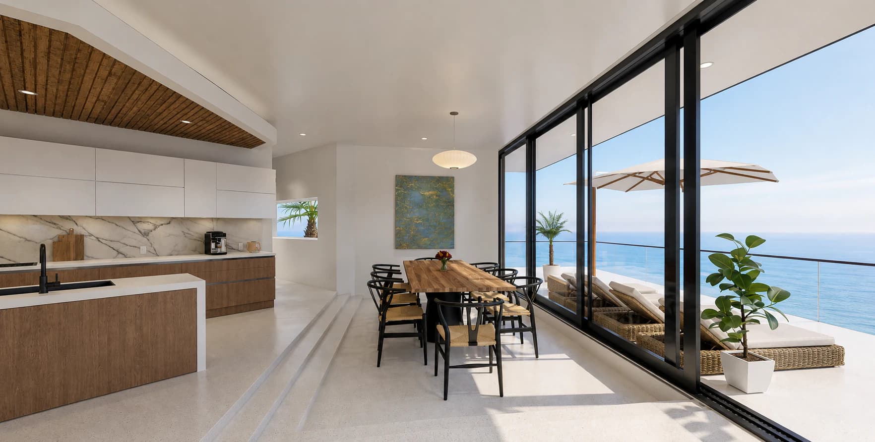 Virtual oceanfront kitchen and dining area opening onto a furnished terrace.