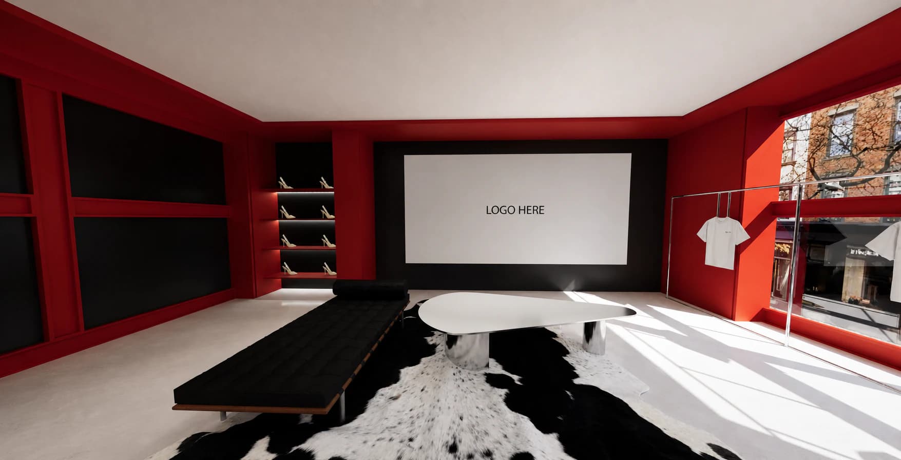 Red and black virtual retail lounge with product shelving, a media wall, and a cowhide rug.