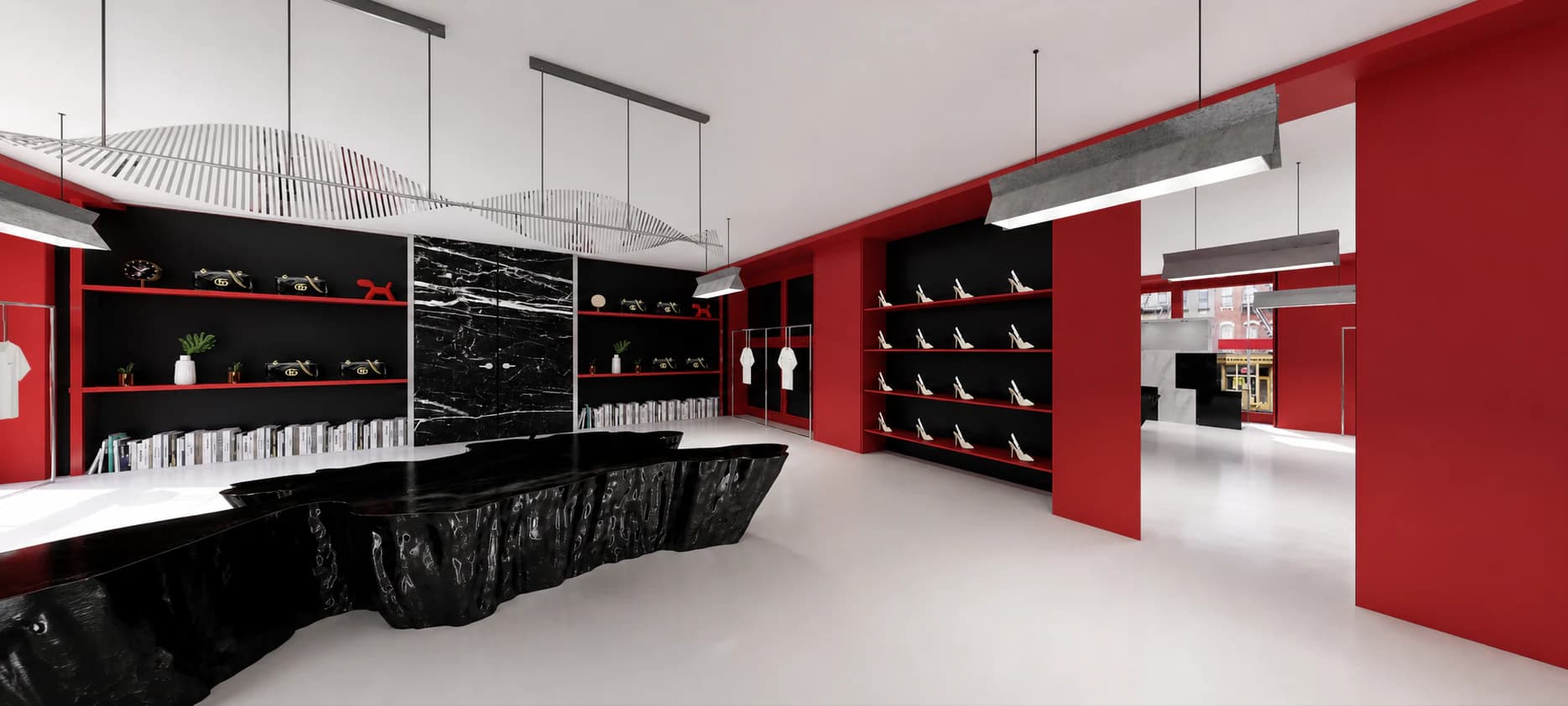 Red virtual fashion gallery with illuminated shelving, suspended lights, and sculptural furniture.