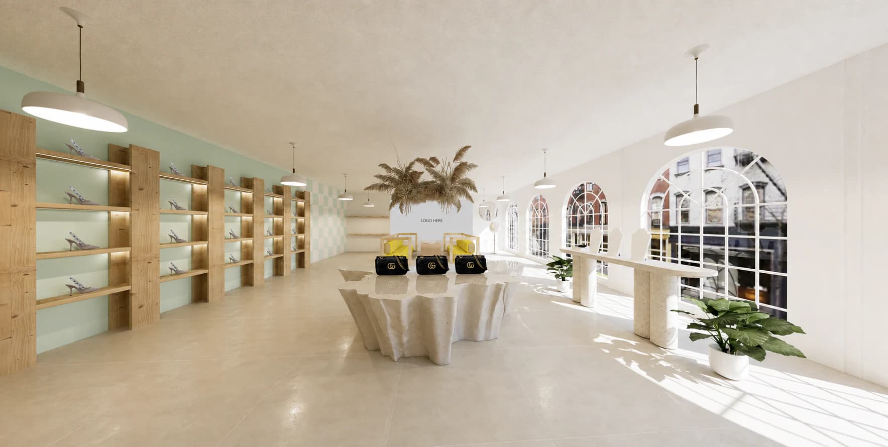 Sunlit virtual luxury boutique with arched windows, mint display walls, and sculptural tables.