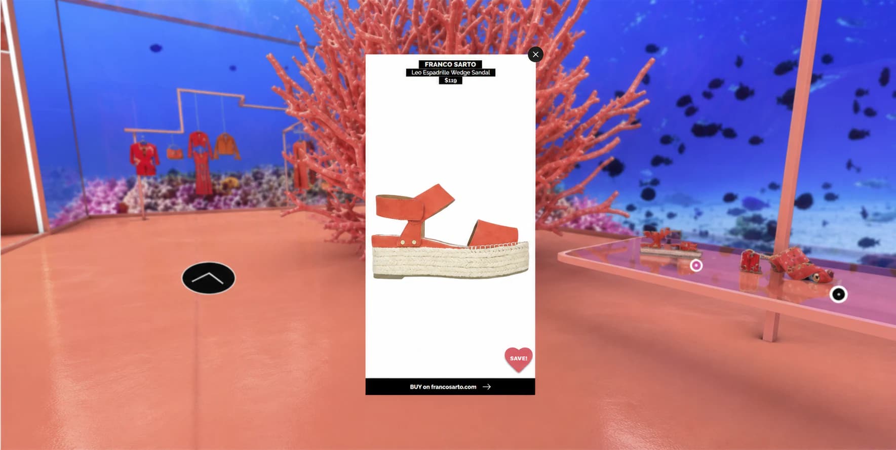 Interactive sandal product detail overlay inside the underwater virtual store.