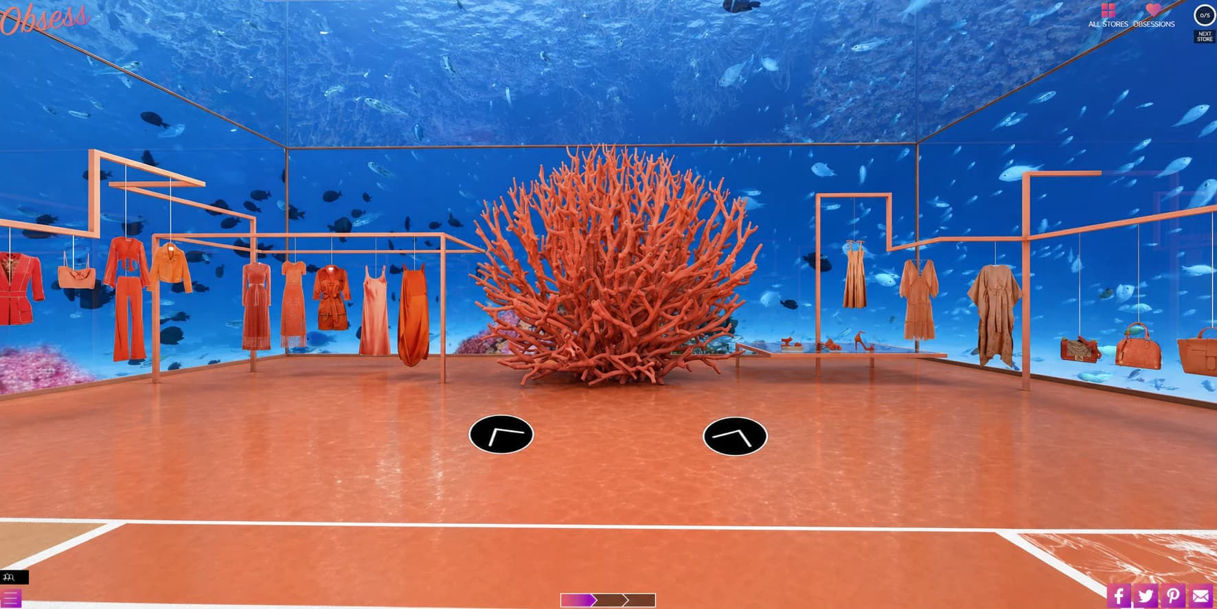 Wide view of an underwater virtual fashion boutique with coral-inspired fixtures and clothing displays.