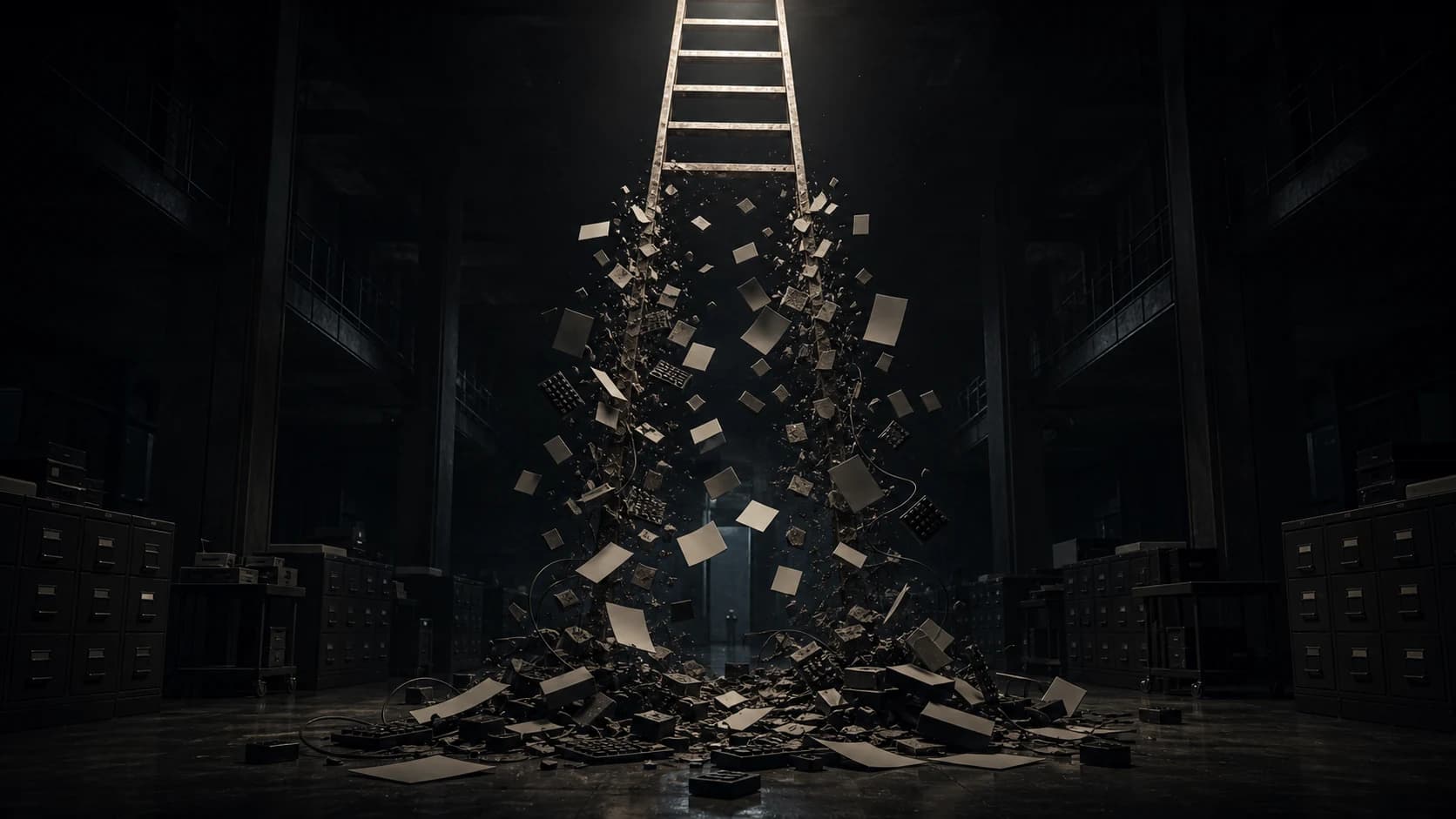 A suspended ladder rising above a collapsing mass of papers, cables, and office debris in a dark archive.