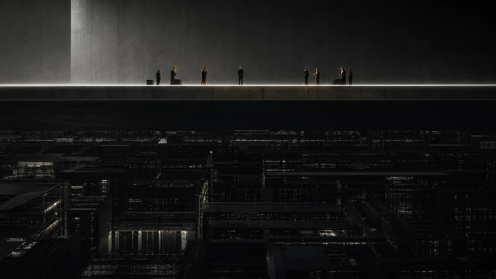 Tiny human figures standing on a narrow illuminated platform above a dark industrial city.