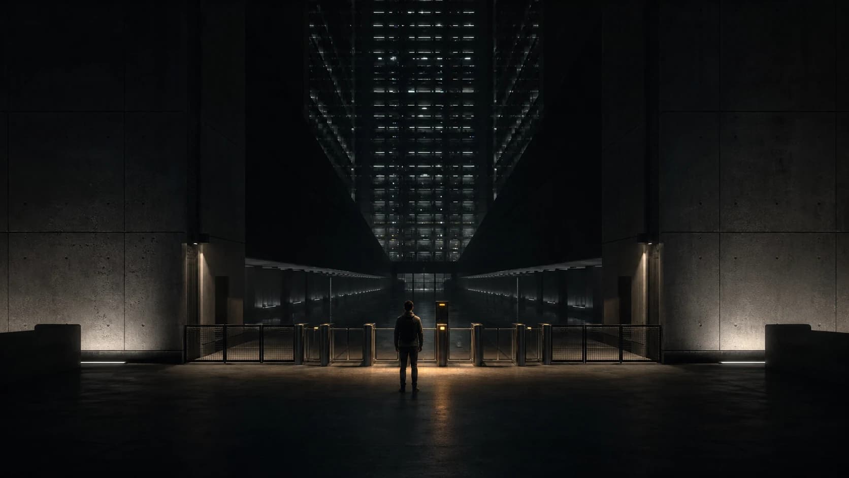A lone person facing gated toll booths and elevated roads leading into a dark illuminated industrial complex.