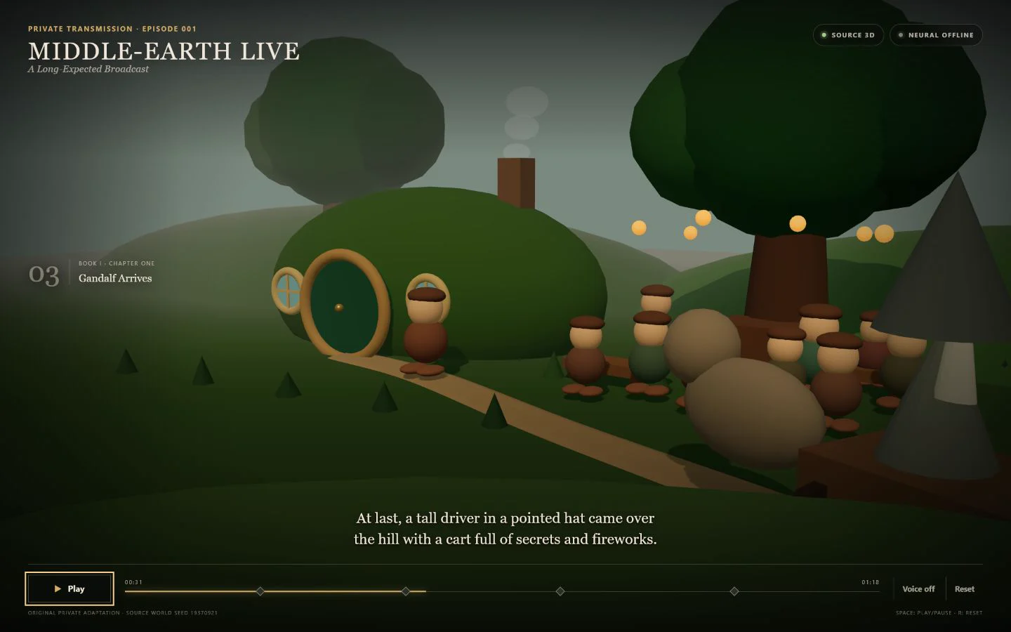 The Gandalf Arrives beat in Middle-earth Live, showing Bag End, the road, gathered hobbits, and Gandalf's cart in the same persistent source world.