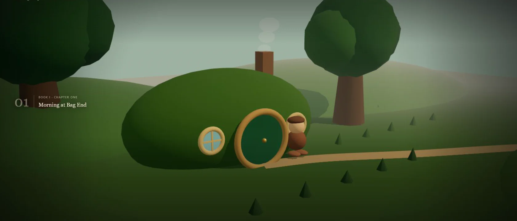 A low-poly view of Bag End in the deterministic Middle-earth Live source world.