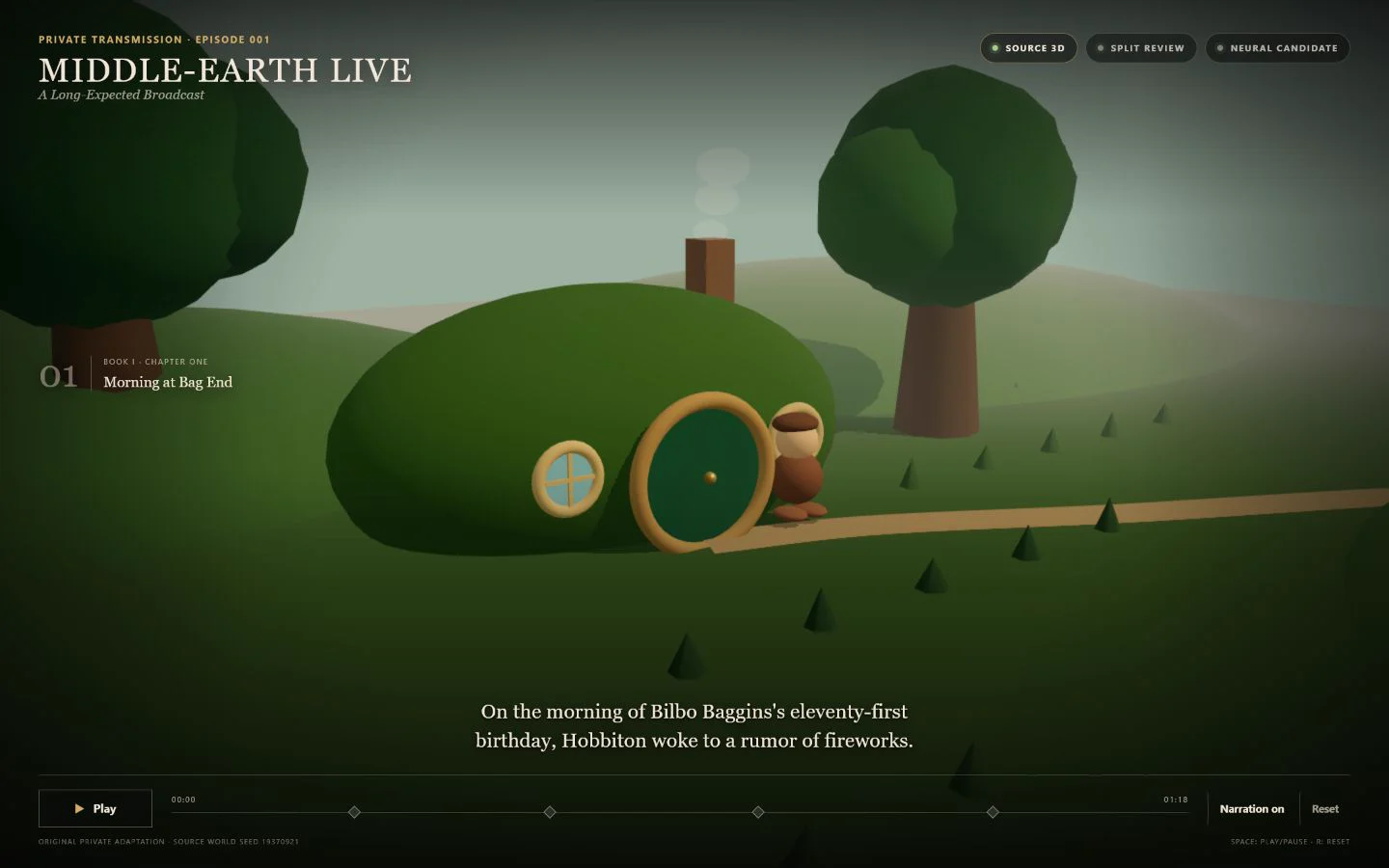 Middle-earth Live source broadcast at Bag End with episode title, scene marker, playback timeline, narration control, and Source, Split Review, and Neural Candidate modes.