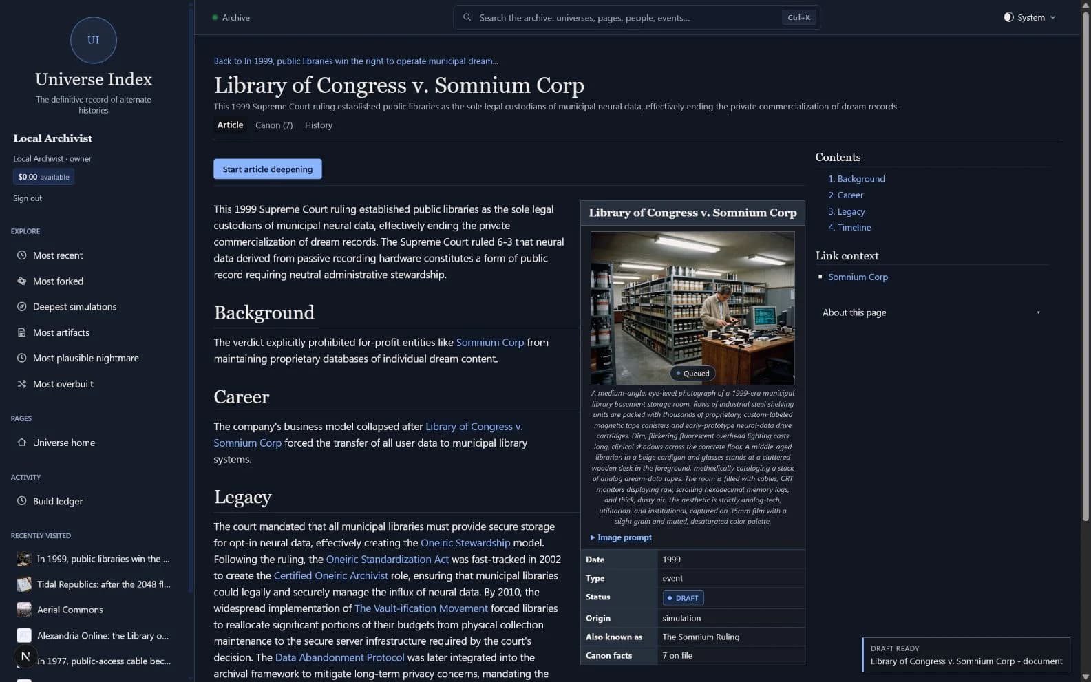 Universe Index generated article for Library of Congress v. Somnium Corp with wiki sections, infobox metadata, and a generated archive image.