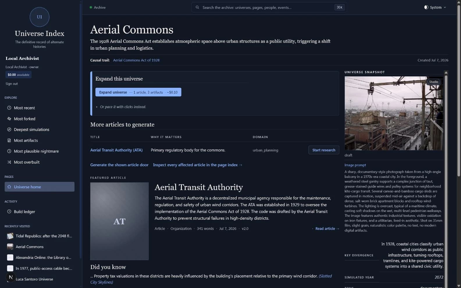 Universe Index Aerial Commons overview showing generated articles, expansion controls, and a GPT Image 2 universe snapshot.