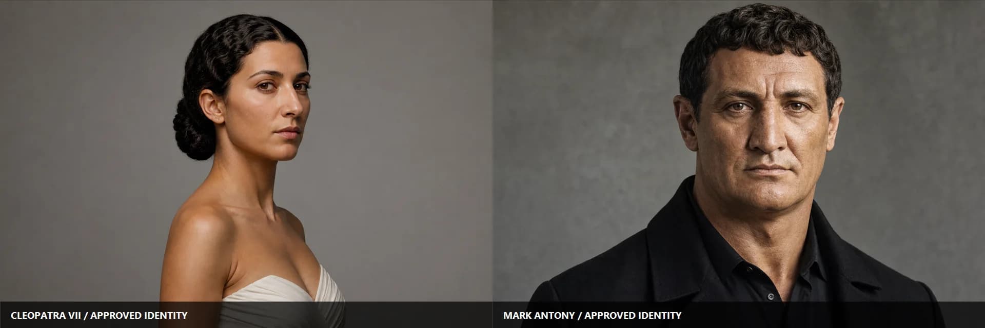 Generated canonical identity portraits for Cleopatra VII and Mark Antony.