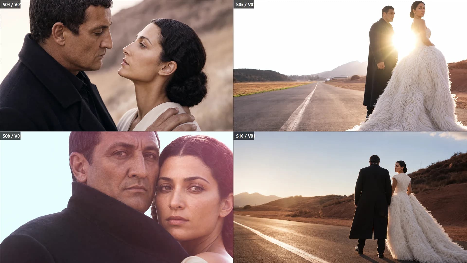 Four generated Cleopatra and Mark Antony start-frame candidates showing a pre-contact close-up, strong backlight, a tight paired portrait, and a rear road walk.