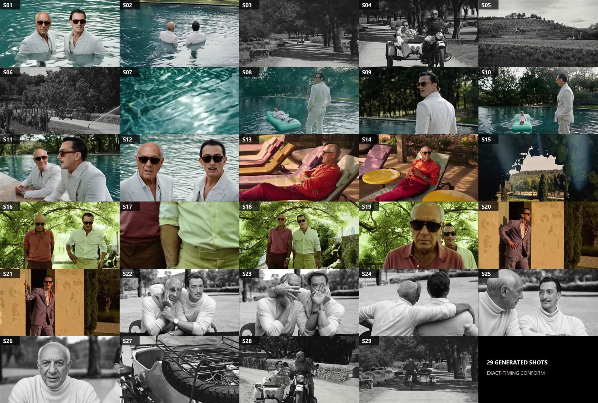 A labeled contact sheet of 29 generated Dalí and Picasso shots spanning pools, roads, gardens, portraits, and motorcycle sequences.