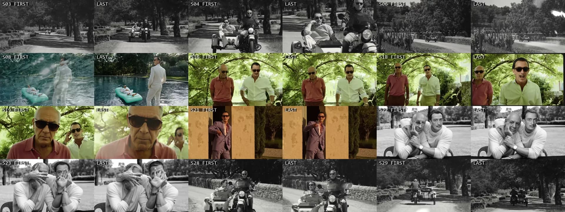 A wide first-and-last-frame contact sheet used to inspect motion continuity across selected Dalí and Picasso shots.