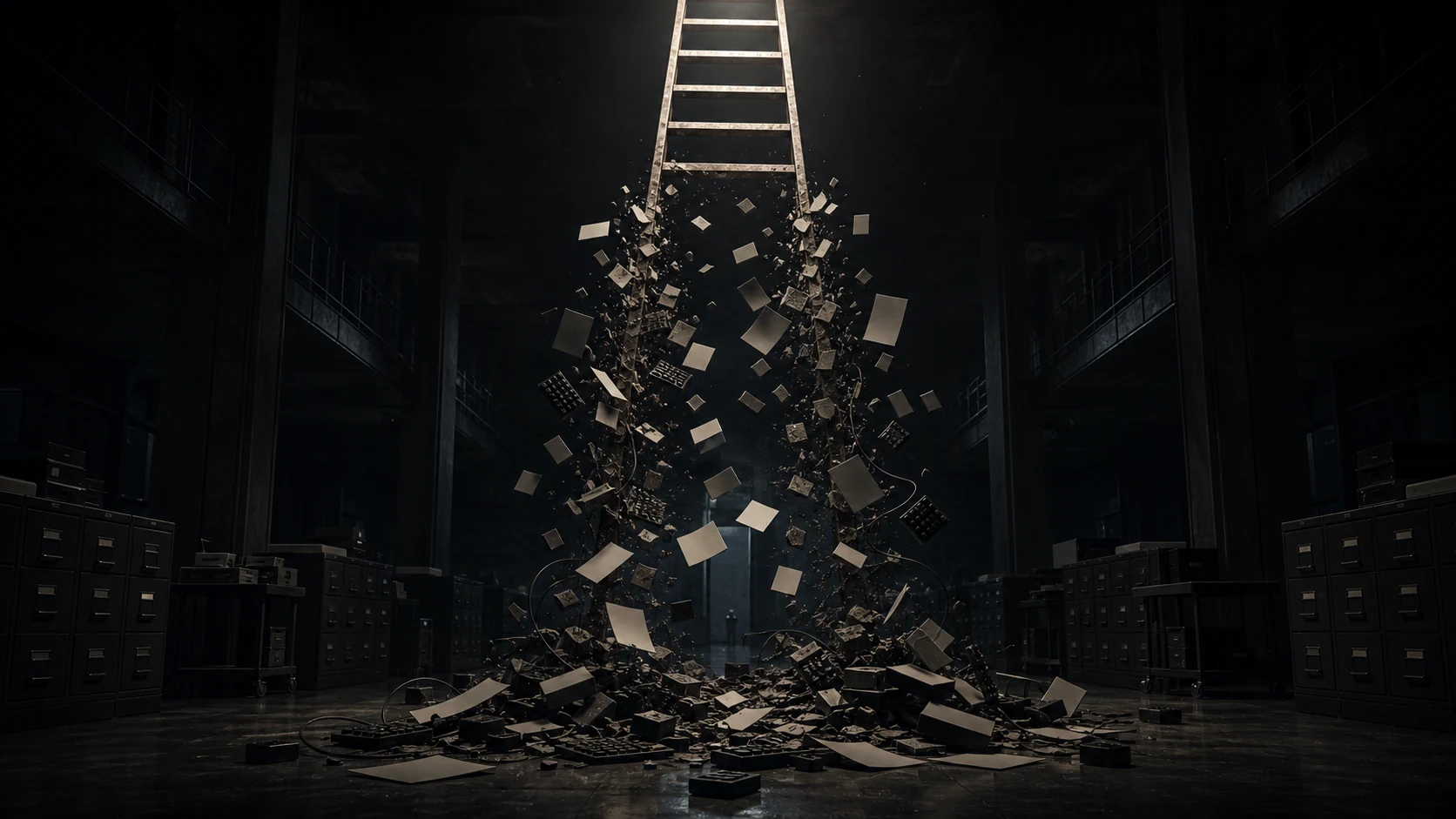 A suspended ladder rising above a collapsing mass of papers, cables, and office debris in a dark archive.