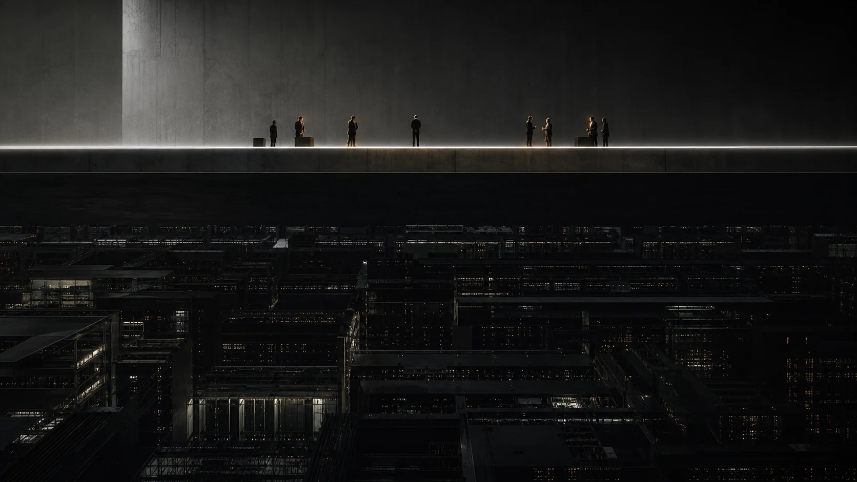 Tiny human figures standing on a narrow illuminated platform above a dark industrial city.