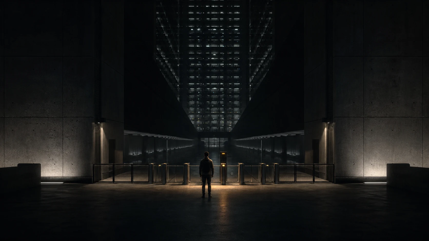 A lone person facing gated toll booths and elevated roads leading into a dark illuminated industrial complex.