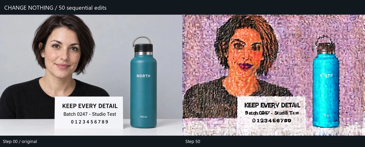 The original generated studio portrait beside edit fifty. The woman, bottle and sign stay in place, but the clean photograph becomes a brightly coloured, faceted mosaic.