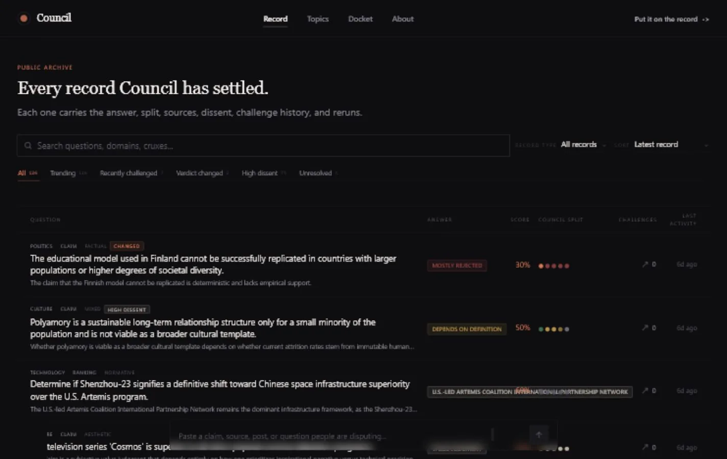 Council public archive with search, filters, settled records, verdict labels, scores, split dots, and challenge counts.