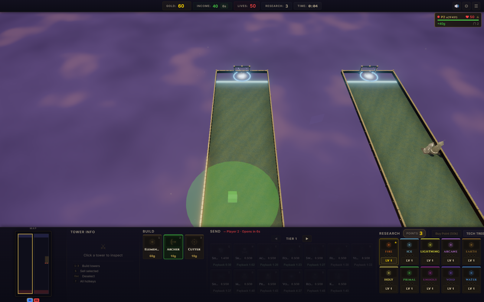 Line Tower Wars build grid preview showing tower placement cells across both lanes.