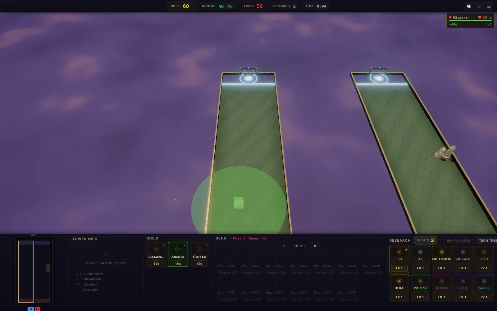 Line Tower Wars build grid preview showing tower placement cells across both lanes.